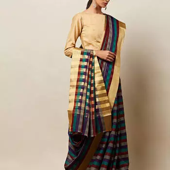 Сари в цветную клетку, Checked Saree with Zari Border, произв. MYINDIA