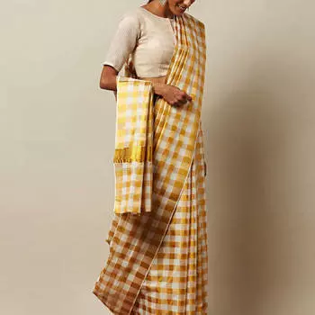 Сари в золотую клетку, Kerala Kasavu Checked Saree with Zari Border, произв. MYINDIA