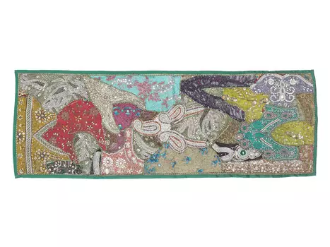 Саше лоскутное на кровать, Cotton Bedrunner Green Base Patchwork Pattern, Handmade, произв. MYINDIA