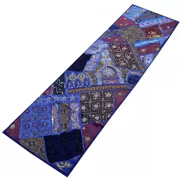 Саше лоскутное на кровать, Cotton Bedrunner Indigo Base Patchwork Pattern, Handmade, произв. MYINDIA