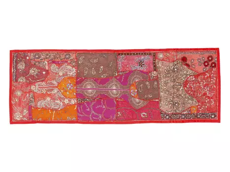 Саше лоскутное на кровать, Cotton Bedrunner Red Base Patchwork Pattern, Handmade, произв. MYINDIA