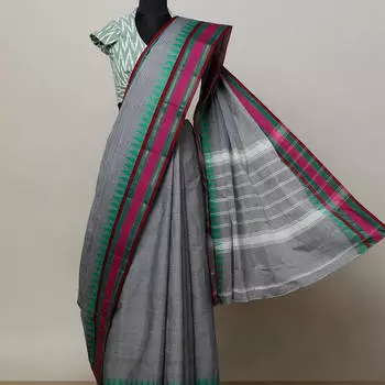 Серое сари с цветной каймой, Cotton Saree with Temple Border, произв. MYINDIA