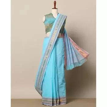 Синее сари из южного хлопка с каймой зари, South Cotton Saree with Zari Border Blue, произв. AJIO