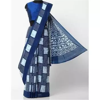 Синее сари с принтом, Printed Cotton Saree, произв. AJIO