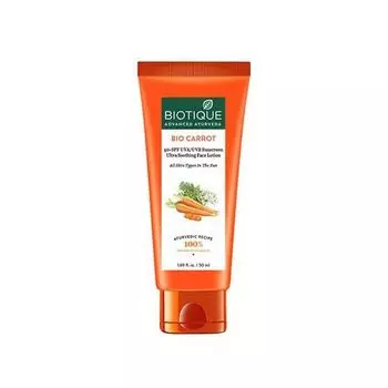 Солнцезащитный лосьон с Морковью 40+ SPF (50 мл), Bio Carrot 40+ SPF UVA/UVB Sunscreen Ultra Soothing Face Lotion, произв. Biotique