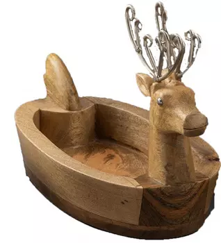 Средний глубокий поднос из дерева в форме оленя, Никель, Wooden Nickel Medium Reindeer Tray, произв. John Molly Decor&Gifts