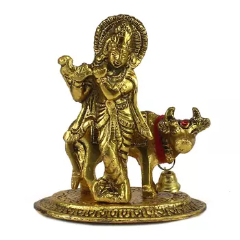 Статуэтка Кришны, Golden Metal Lord Krishna playing Flute with Cow Showpiece, произв. eCraftIndia