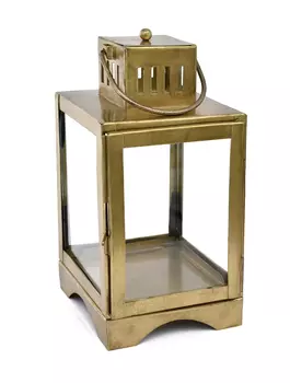 Стеклянный квадратный подсвечник в металлическом корпусе с ручкой, Латунь, Iron Square Lantern Brass, произв. John Molly Decor&Gifts