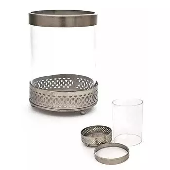 Стеклянный подсвечник в металлической резной подставке, Никель, Iron Round Votive Jalli Cutting, произв. John Molly Decor&Gifts