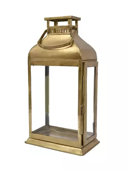 Стеклянный прямоугольный подсвечник в металлическом корпусе с ручкой, Латунь, Iron Rectangle Lantern, произв. John Molly Decor&Gifts