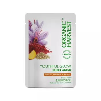 Тканевая маска для молодости кожи Шафран, Овсяное молоко и Персик (20 г), Youthful Glow Sheet Mask Saffron, Oat Milk & Peach, произв. Organic Harvest