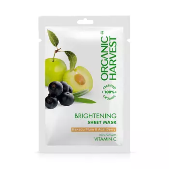 Тканевая осветляющая маска слива Какаду и ягоды Асаи (20 г), Brightening Sheet Mask Kakadu Plum & Acai Berry, произв. Organic Harvest