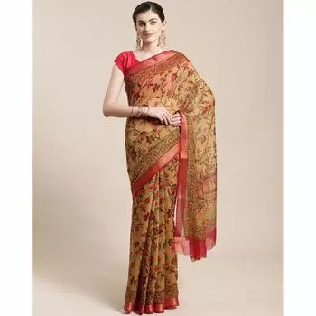Традиционное сари с цветочным принтом и контрастной окантовкой, Floral Print Traditional Saree with Contrast Border, произв. AJIO