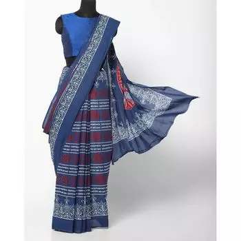 Традиционное синее сари с красными вставками, Blue Printed Traditional Saree with Red Pieces, произв. AJIO