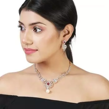 Traditional Gold and Silver plated Blooming Twine Necklace with American diamond, cz ruby and pearl