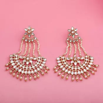 Traditional Gold Plated Fancy Dangler Chandbali Pearl Kundan Earrings