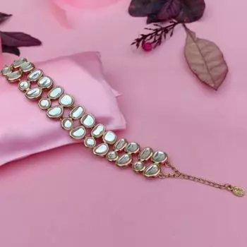 Traditional Gold Tone Kundan Double line Wrap bracelet (adjustable)
