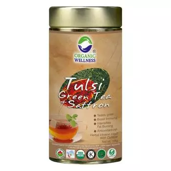 Зелёный чай с Тулси и Шафраном (100 г), Tulsi Green Tea + Saffron, произв. Organic Wellness