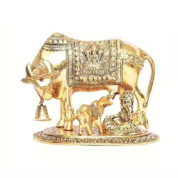 Золотистая корова Камдхену с теленком и Бал Гопал Кришной, Kamdhenu Cow, Calf with Bal Gopal Krishna Metal Statue (Gold), произв. Kridaykraft