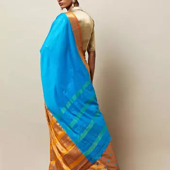 Золотое с голубым сари, Iranna South Cotton Bootidar Saree with Zari, произв. MYINDIA