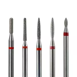 Набор из 5 алмазных фрез 803/805 (торпеда, конус закр., пламя, пламя, пламя), d-1,6 мм. (Тонкие)