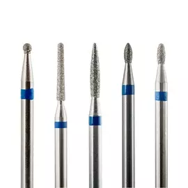 Набор из 5 алмазных фрез 803/805 (шар, конус закр., пламя, пламя, олива), d-1,6 мм.