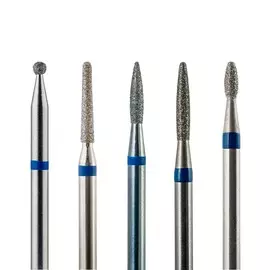 Набор из 5 алмазных фрез 803/805 (шар, Конус закр., пламя, пламя, олива), d-1,8 мм. (Средние)