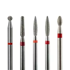 Набор из 5 алмазных фрез 803/805 (шар, конус закр., пламя, пламя, олива), d-2,3 мм.