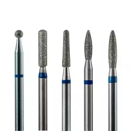 Набор из 5 алмазных фрез 803/805 (шар, цилиндр, конус закр., пламя, пламя), d-2,3 мм. (Средние)