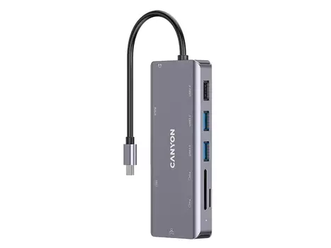 USB-хаб Canyon DS-11 Type-C (USB 2.0, 2xUSB 3.0, USB Type-C, HDMI, RJ-45, SD, microSD, Mini jack), Серый Док-станция CNS-TDS11