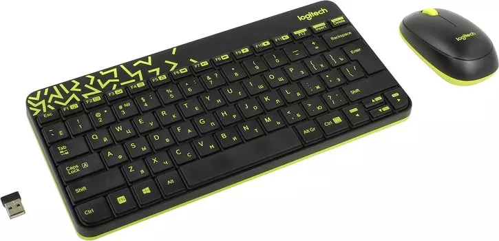 Комплект беспроводной клавиатура + мышь Logitech Wireless Desktop MK240 Nano Black 920-008213, Черный/Желтый