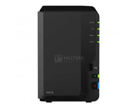 Сетевое хранилище NAS Synology DS218, 2Gb, 2 HDD/SSD до 3,5 SATA III, 2xUSB 3.0, USB 2.0, LAN (1 Гбит/с), Черный, DS218