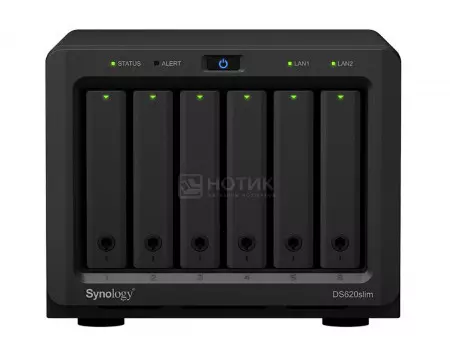 Сетевое хранилище NAS Synology DS620SLIM, 2Gb, 6 HDD/SSD до 3,5 SATA III, 2xUSB 3.0, 2xLAN (1 Гбит/с), Черный, DS620SLIM