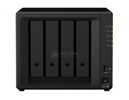 Сетевое хранилище NAS Synology DS918+, 4Gb, 4 HDD/SSD до 3,5 SATA III, 2xUSB 3.0, 2xLAN (1 Гбит/с), eSATA, Черный, DS918+