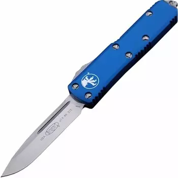 Автоматический фронтальный выкидной нож Microtech UTX-85, клинок сатин, сталь CTS-204P, рукоять синий алюминий