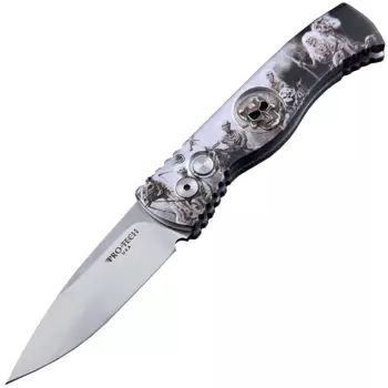 Автоматический складной нож Pro-Tech TR-2.4H1. Bruce Show Skull, клинок Stonewash, сталь 154CM, рукоять алюминий, рисунок скелеты пиратов