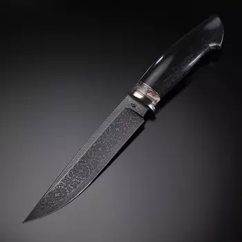 Авторский цельнометаллический нож Бергамо, сталь мозаичный дамаск, рукоять граб, зуб мамонта