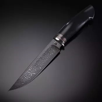 Авторский нож Племя, сталь мозаичный дамаск, рукоять граб, вставка стабилизированный зуб мамонта