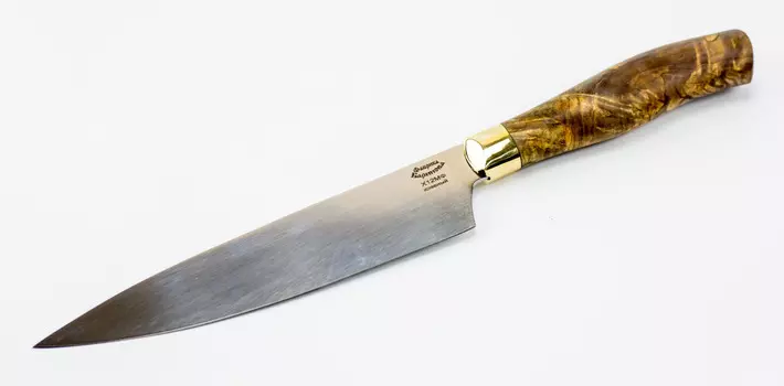 Нож кухонный Шеф-1, сталь Х12МФ латунь, карельская береза