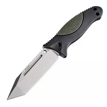 Нож с фиксированным клинком Hogue EX-F02 Stone-Tumbled Tanto, сталь A2 Tool Steel, рукоять термопластик GRN, чёрно-зеленый