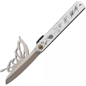 Нож складной Higonokami Nagao Butterfly, 95мм, сталь San-Mai с сердечником из стали AoGami Blue Paper 3 слоя, рукоять нержавеющая сталь серебристая