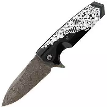 Складной нож Hogue EX-02 Spear Point Flipper, Custom Skulls &amp; Bones, дамасская сталь Chad Nichols Damascus, рукоять ABS-Пластик, черно-белый
