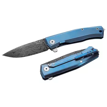 Складной нож LionSteel MT01, сталь дамаск, рукоять титан, синий