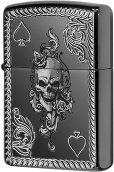 Зажигалка ZIPPO Armor® Череп с покрытием Black Ice®, латунь/сталь, чёрная, глянцевая, 36x12x56 мм