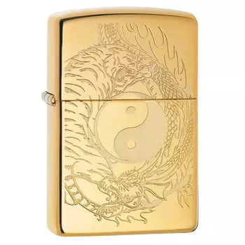 Зажигалка ZIPPO Tiger and Dragon с покрытием High Polish Brass, латунь/сталь, золотистая, 36x12x56 мм