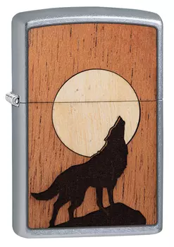 Зажигалка ZIPPO WOODCHUCK USA Howling Wolf с покрытием Street Chrome™, латунь/сталь/дерево, серебристая, 36x12x56 мм
