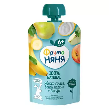 БЗМЖ Пюре ФрутоНяня из яблок, груш, бананов и персиков с йогуртом 90г с 6мес