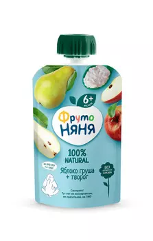 БЗМЖ Пюре ФрутоНяня яблоко/груша/творог с 6мес 90г д/п