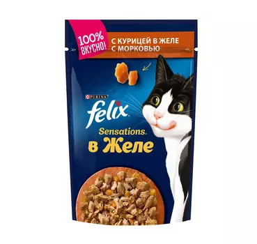 Влажный корм Felix Sensations для взрослых кошек, с курицей в желе с морковью, Пауч, 85 г