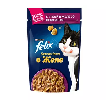 Влажный корм Felix Sensations для взрослых кошек, с уткой в желе со шпинатом, Пауч, 85 г